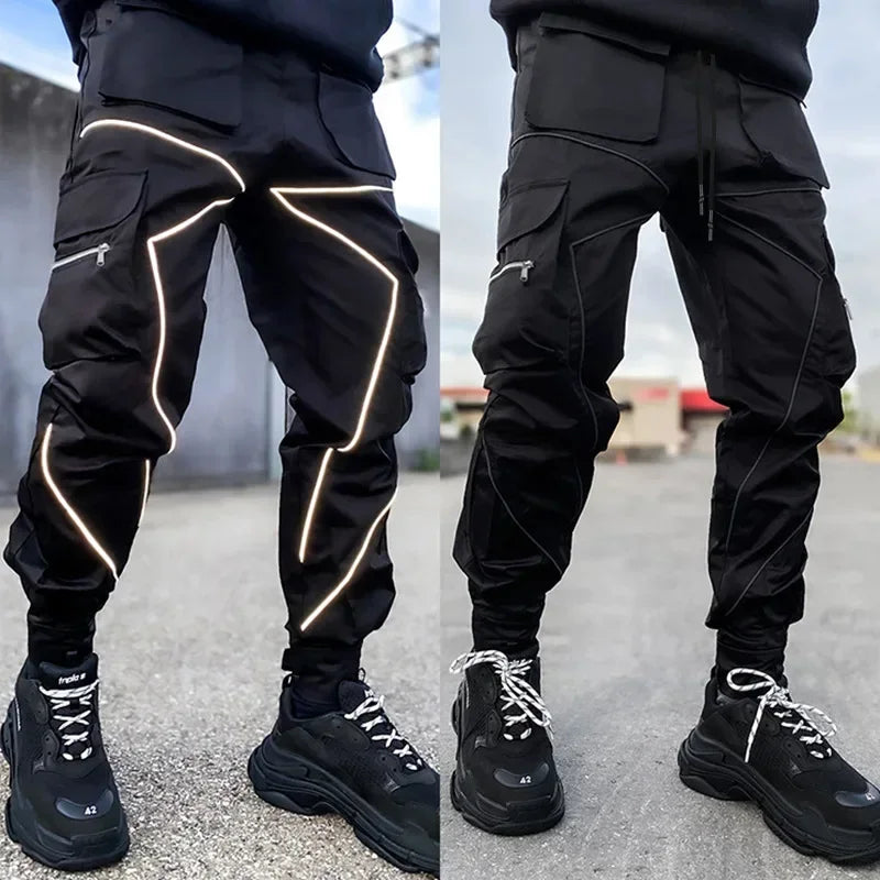 Men‘s Elastic Waist Solid/Colorblock Multi-Pocket Harem Cargo Pants