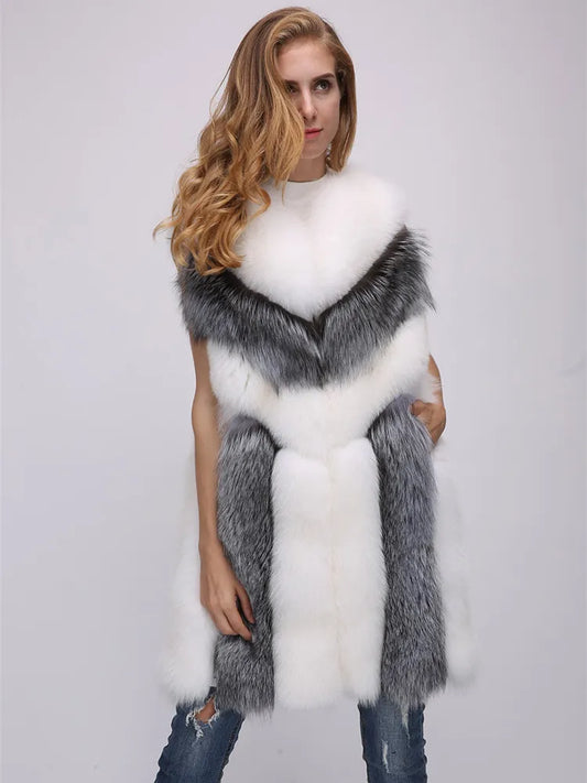 Colorblock Striped Faux Fur Sleeveless Vintage Ladies Maxi Vest to 4X