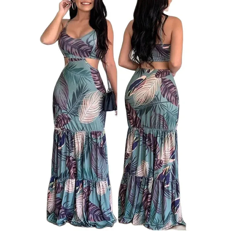 Hawaiian Hollow-Out Floral Backless Bohemian Ruffle Hem Sleeveless Maxi Dress