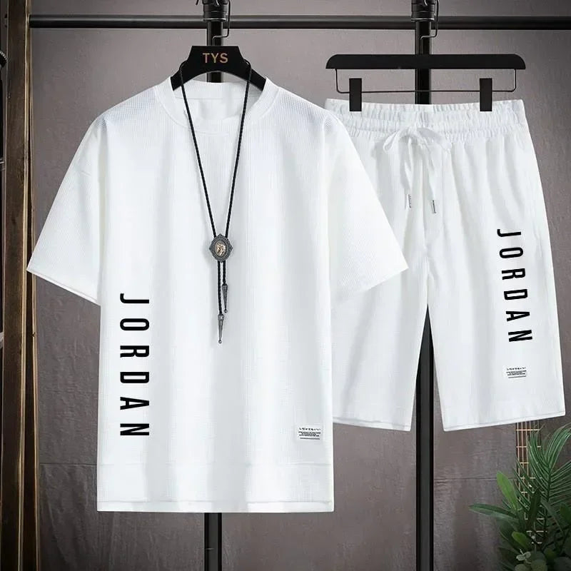 Men's Fitness "Jordan" O-Neck Short Sleeve T-Shirt + Drawstring Basketball Shorts 2-Piece Set