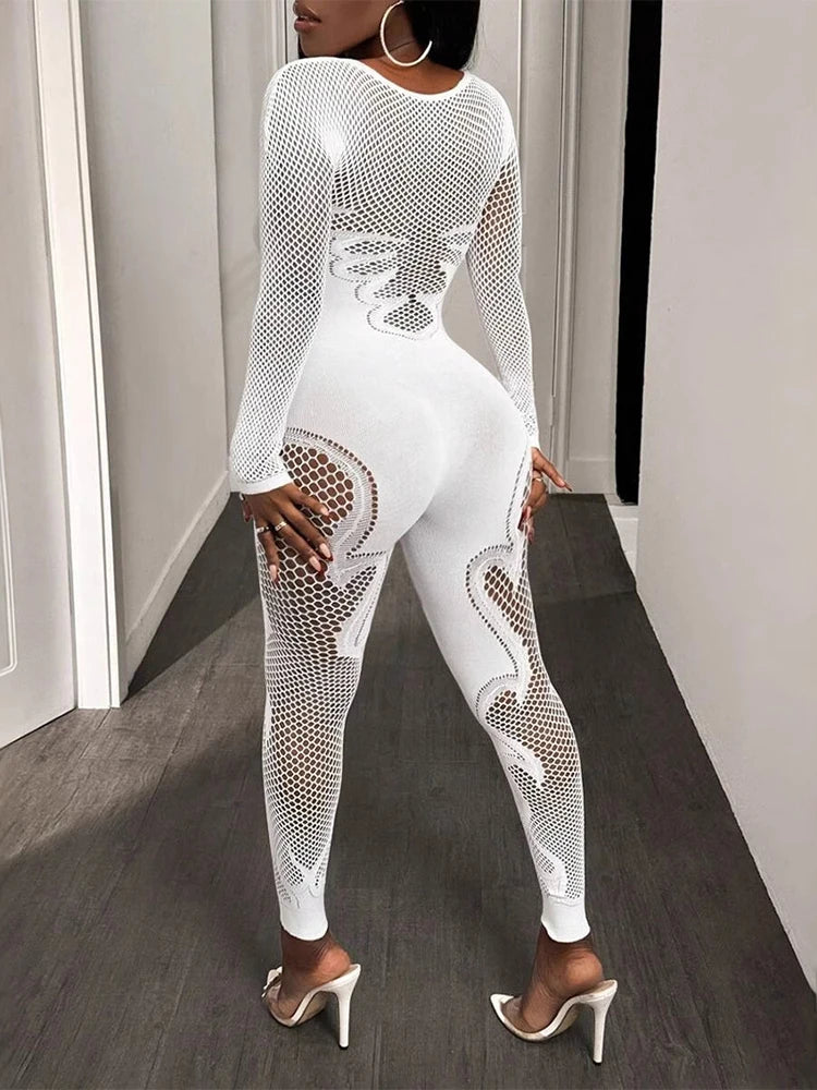 Sheer Mesh Long Sleeve Transparent Hollow-Out Body Stocking Jumpsuit