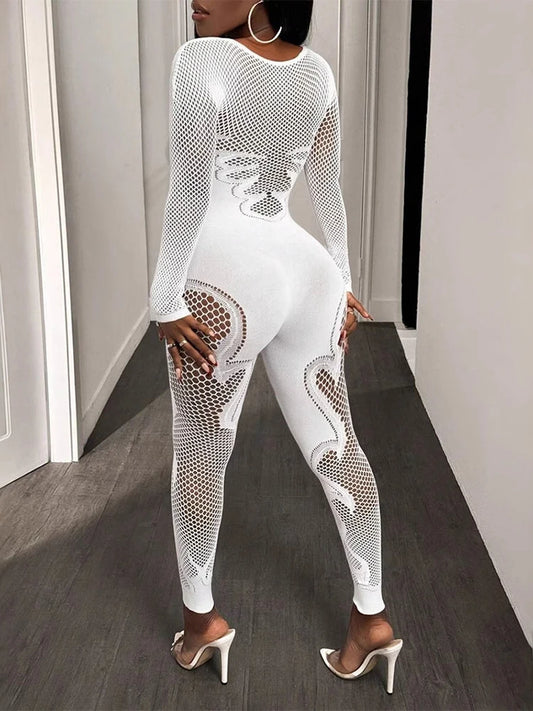 Sheer Mesh Long Sleeve Transparent Hollow-Out Body Stocking Jumpsuit