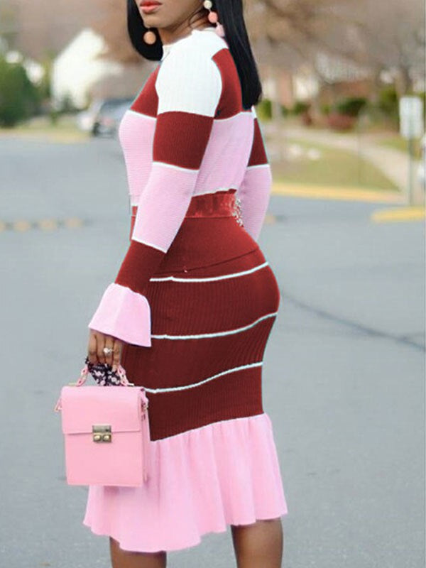 Striped Colorblock Patchwork Flare Sleeve Sweater & Ruffled Mermaid Midi Skirt 2-Piece Set