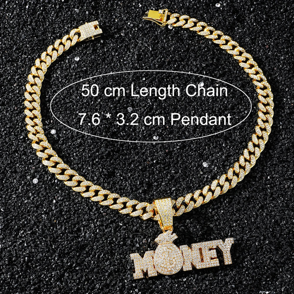 "Money" Iced Out Bling Rhinestone Chain Money Bag Dollar Sign Chain Necklace