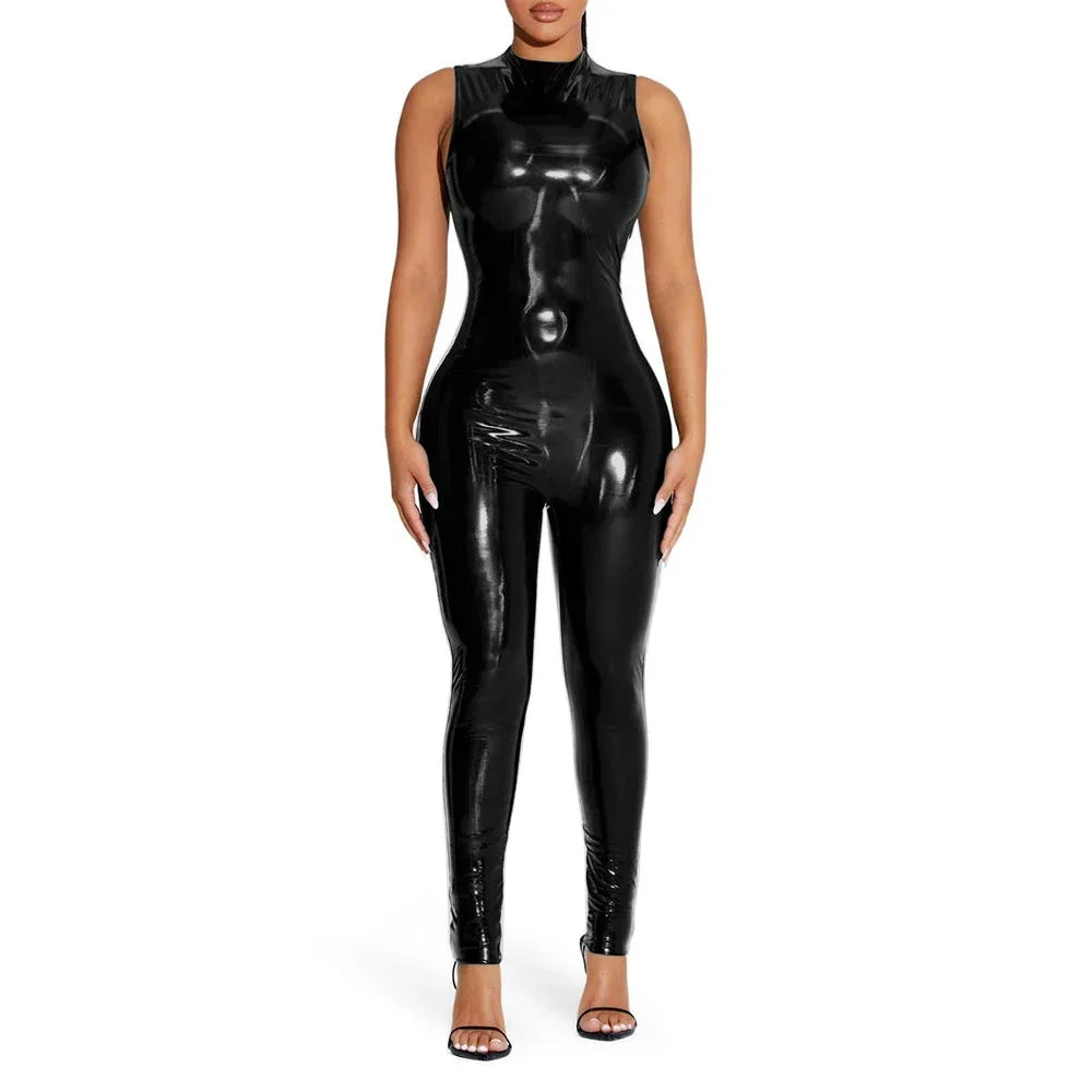 Shiny Solid Color Sleeveless PVC PU Leather Women's Pants Jumpsuit