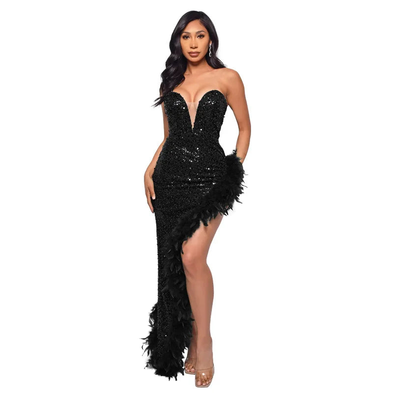 Tube Feather Hem Sparkling Crystal Sleeveless Backless High Side Slit Bodycon Formal Party/Prom Maxi Evening Dress