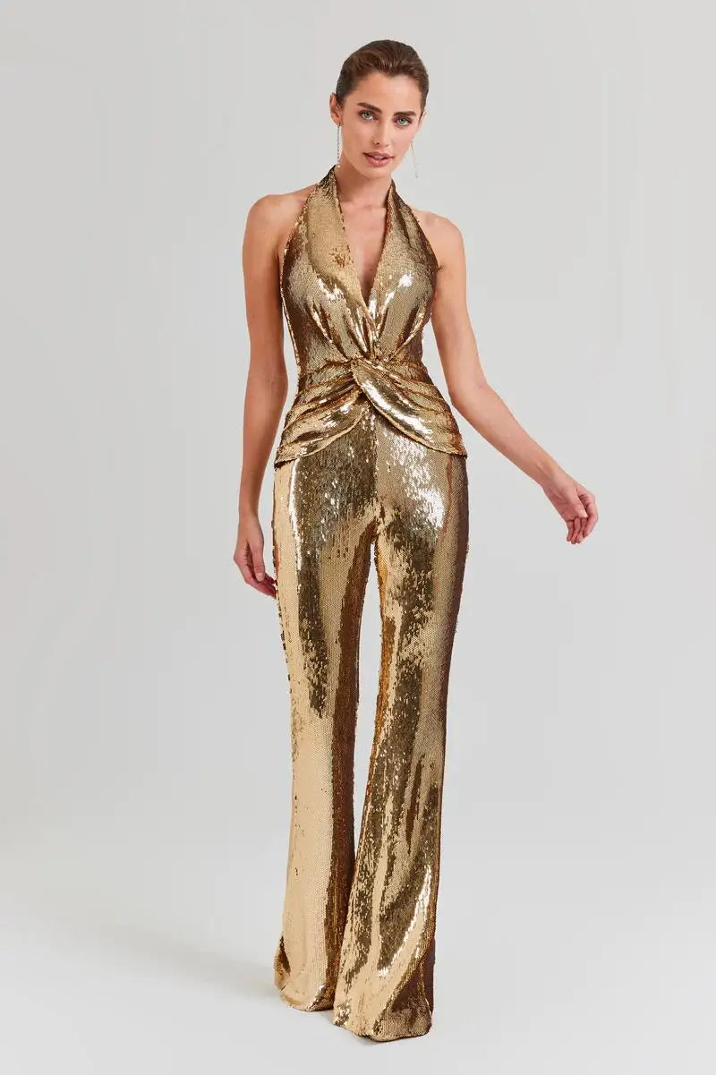 Metallic Mirror Gold Sequin Flared Pant Halter Blackless Stage Performance Formal Jumpsuit