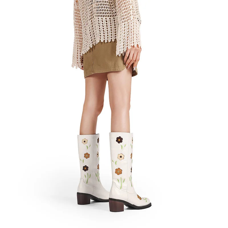 Western Flower Embroidered Women's Slip-On Rubber Midi Outsole Round Toe Boots