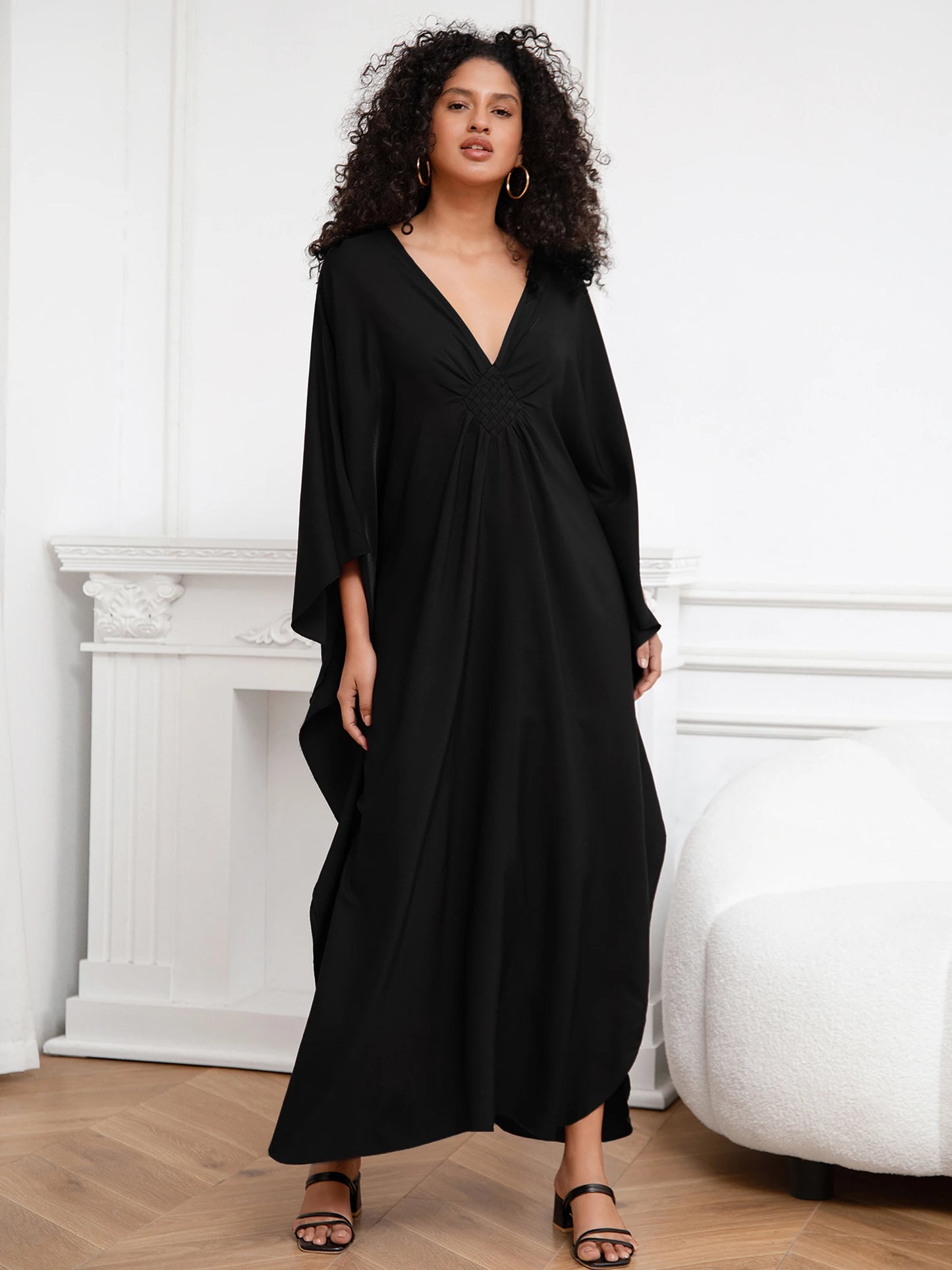 Bohemian Solid V-Neck Batwing Sleeve Loose Maxi Dress