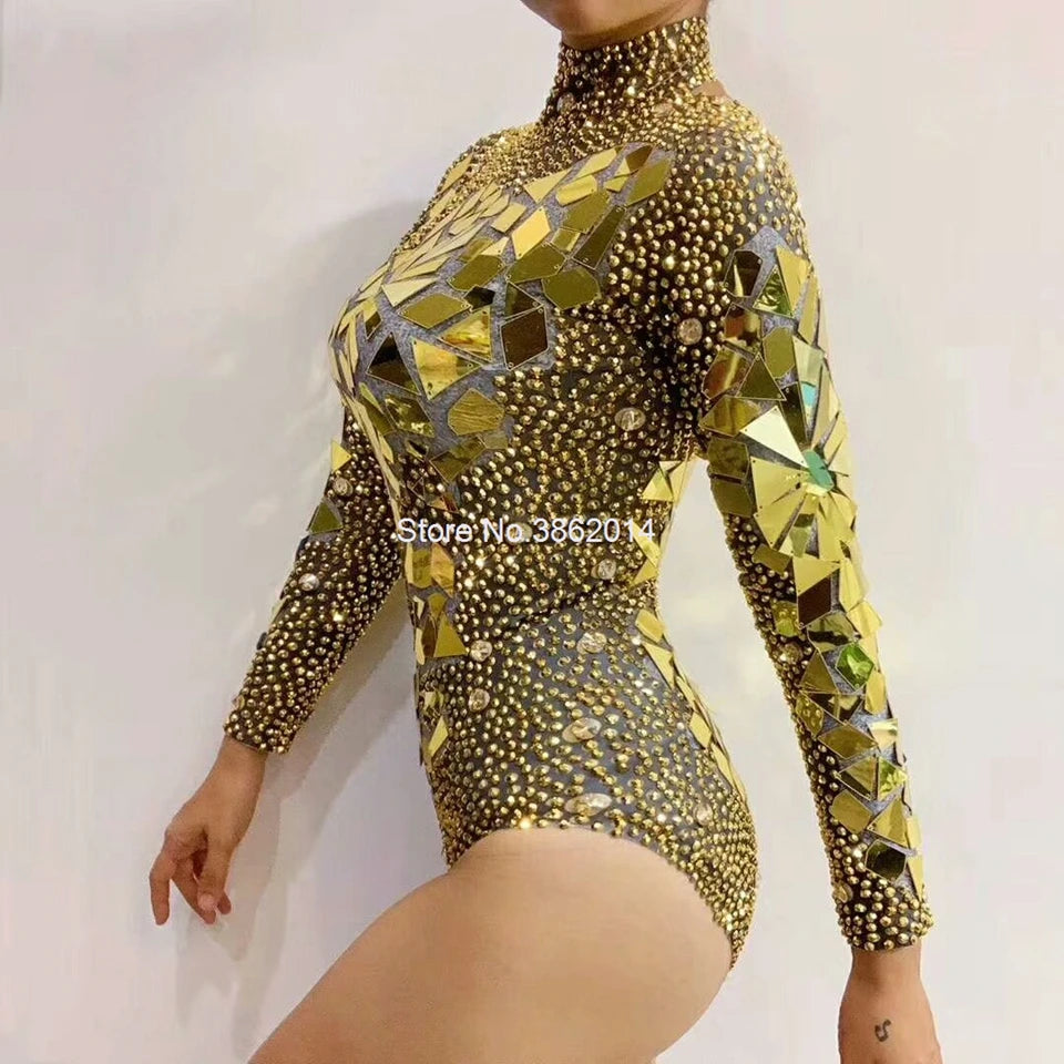 Sparkling Metallic Geometric Rhinestone Mirror Performance Bodysuit Costume