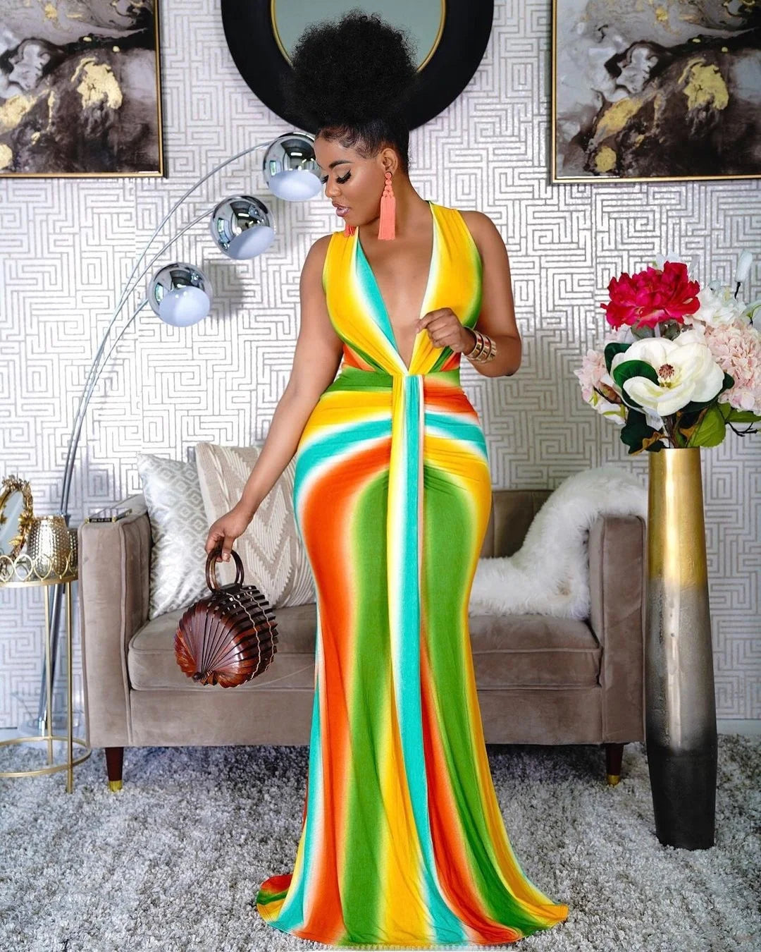 Sleeveless Gradient Pastel Rainbow Striped Deep V-Neck Colorblock Maxi Dress to 4X Plus Size