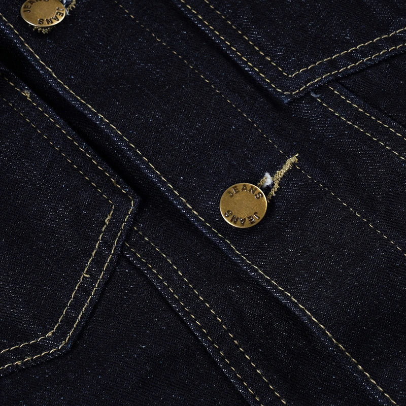 Denim Dark Blue Gold Button Detail Long Sleeve Turn-Down Collar Solid Color Women's Jean Jacket