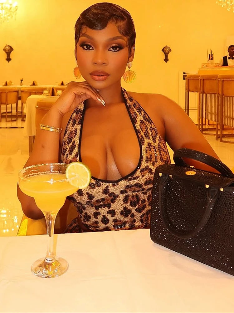 Sequin Glitter Leopard Print Women's Zipper Halter Tank Top + Biker Shorts 2-Piece Set