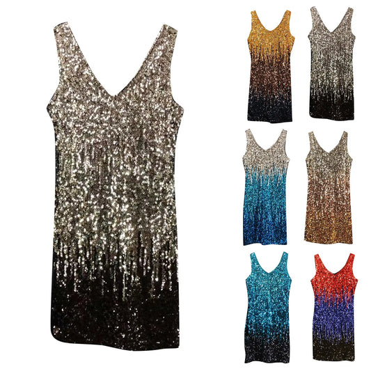 Gradient Glitter Colorblock Sequin Bodycon V-Neck Sleeveless Skinny Tank Dress