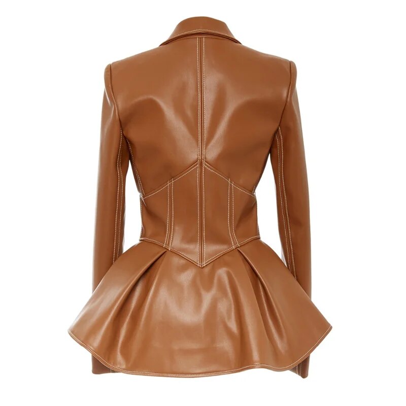 PU Leather Turn-Down Collar Long Sleeve High Waist Zipper Short Corset Jacket