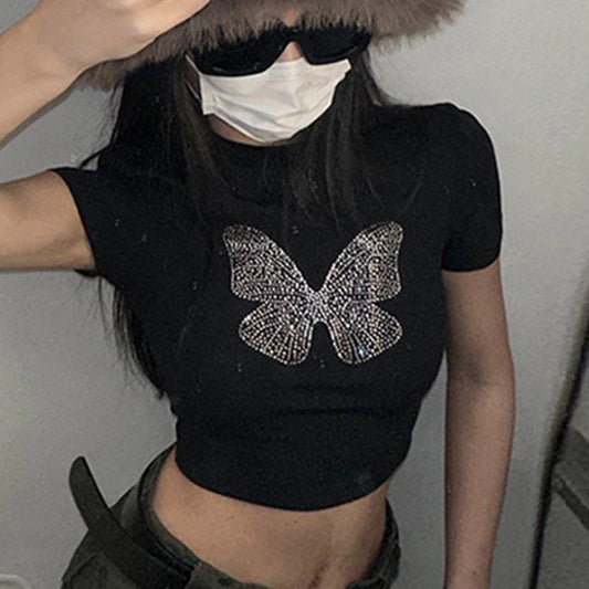 Women's Rhinestone Butterfly Print Crop Top