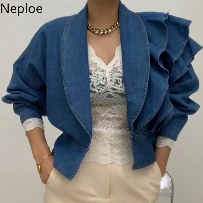 Cropped Denim Vintage Turn-Down Collar Puff Sleeve Ruffled Blazer