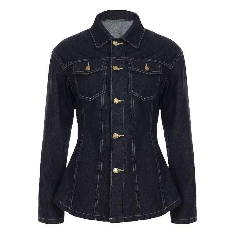 Denim Dark Blue Gold Button Detail Long Sleeve Turn-Down Collar Solid Color Women's Jean Jacket