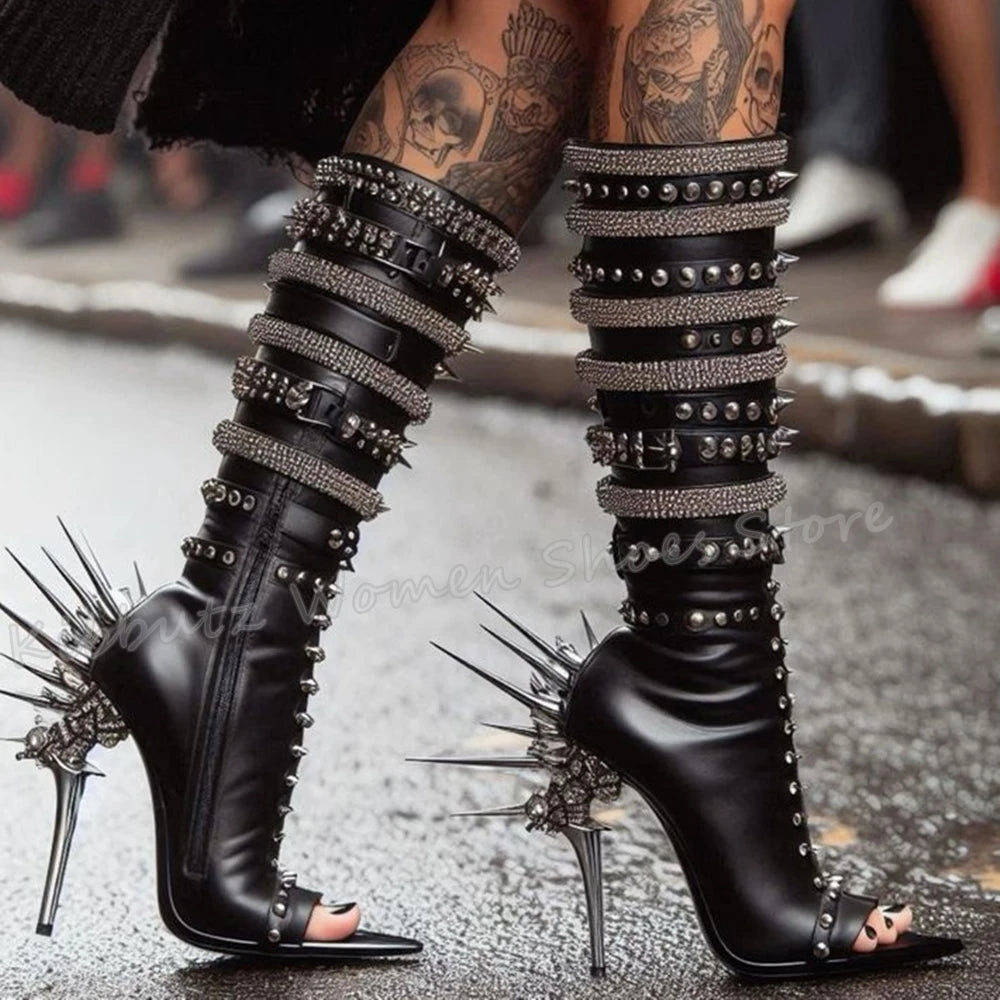 Black Buckle Strap Gladiator Metal Stud Spike Rivet Detail Genuine Leather Crystal Peep Toe Women's Stiletto Heel Boots