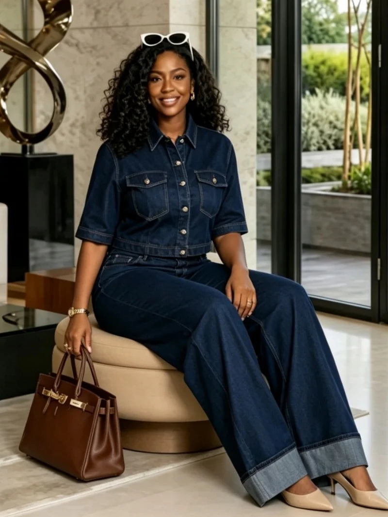 Dark Blue Denim Button Front Turn-Down Collar Short Sleeve Jean Shirt + Wide Leg Cuffed Jeans 2-Piece Set to 3X Plus Size