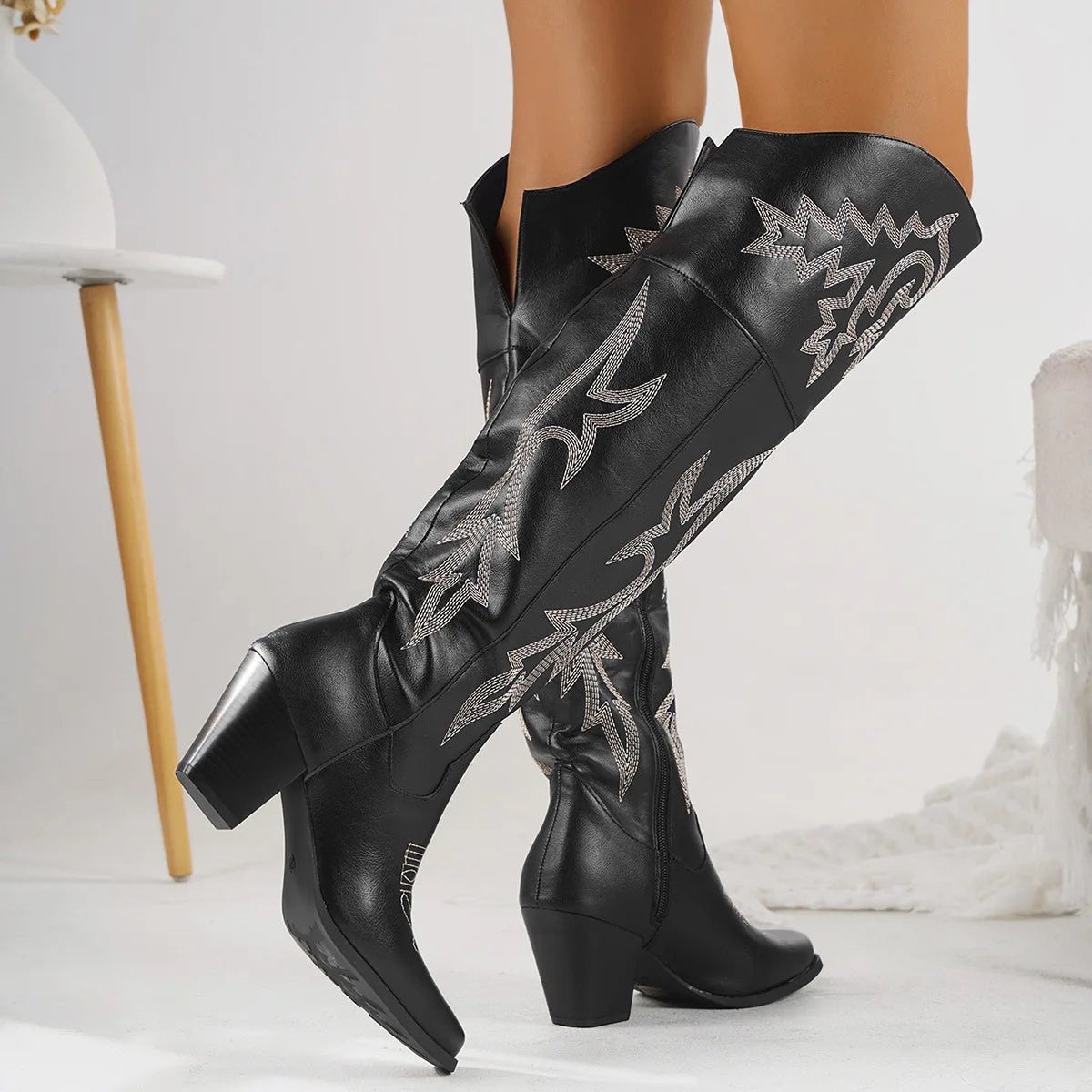 Western Embroidered Chunky Heel Over-the-Knee Women's Side Zipper Cowgirl Rodeo Boots