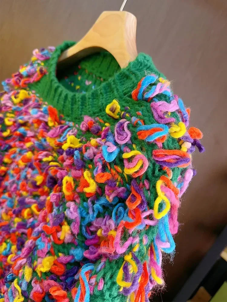 Fringe Crochet Rainbow Colored O-Neck Knitted Women's Sweater