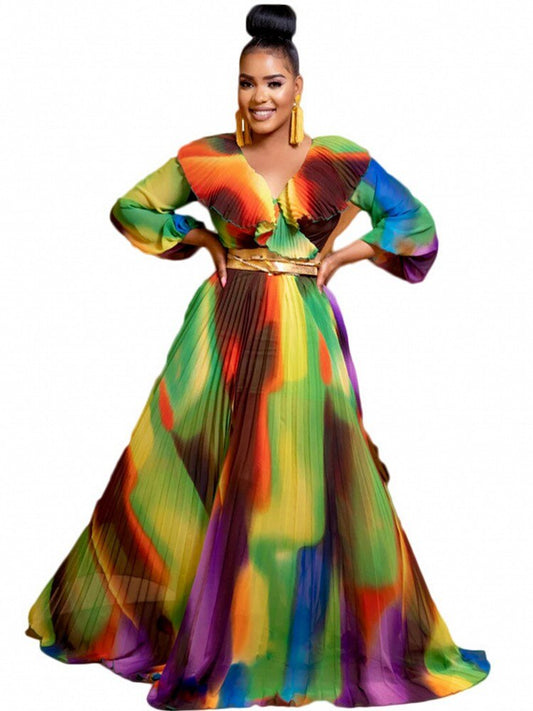 Pleated Ruffled Gradient Rainbow Colorblock Long Sleeve Maxi Dress