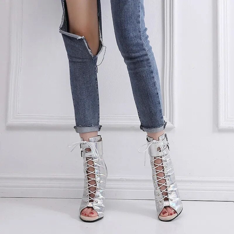 Silver Metallic Latin PU Leather Thin High Heel Salsa Lace-up Ankle Boots