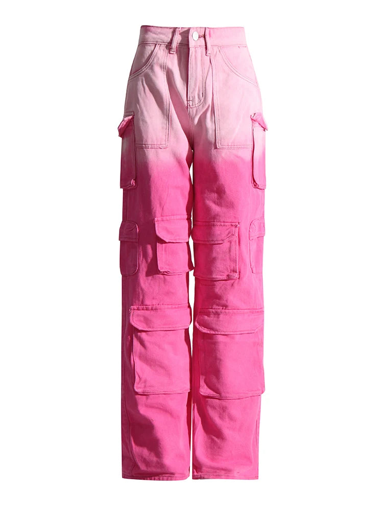 Pink Colorblock Gradient Straight Denim Patchwork Cargo Jeans