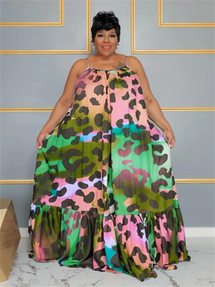 Tiered Hem Rainbow Leopard/Flower Print Sleeveless Fishtail Maxi Dress to 5X Plus Size