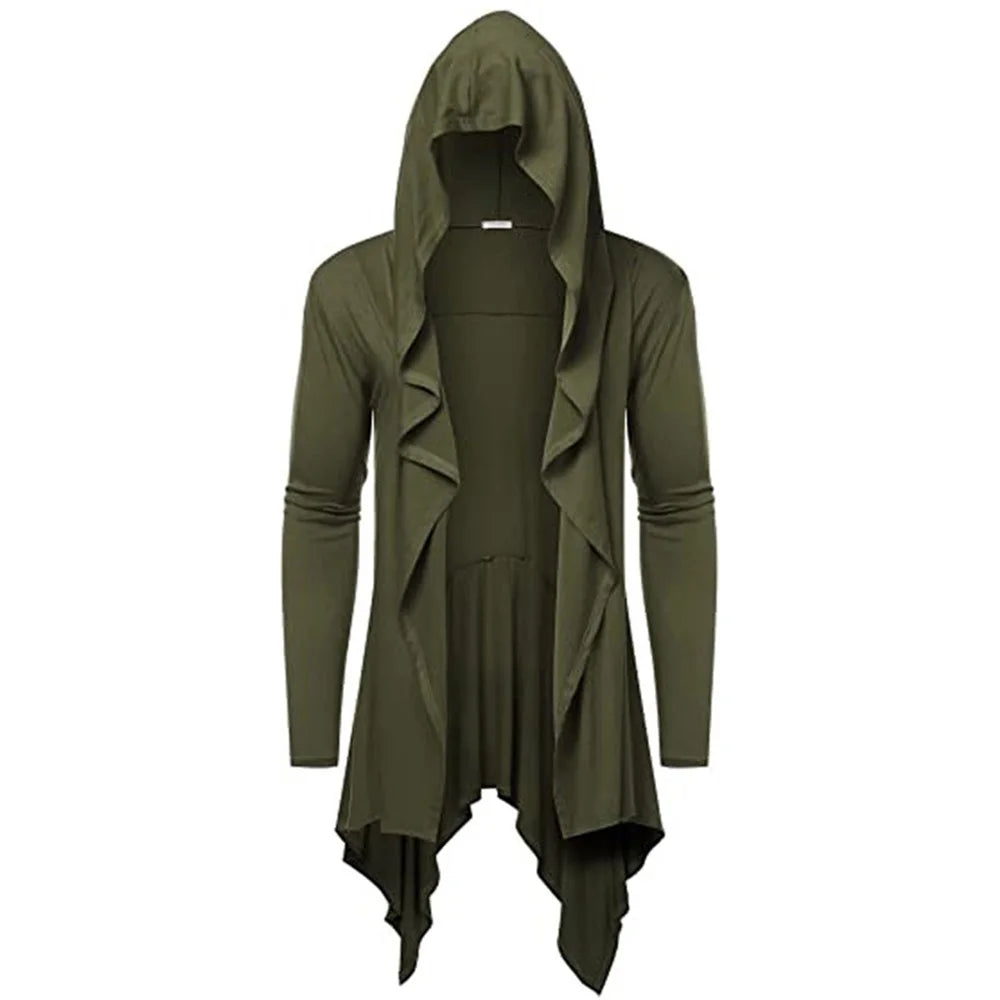 Men's Composite Long Hooded Ruffled Horn Collar Draping Cape Maxi Cardigan w/ Pockets