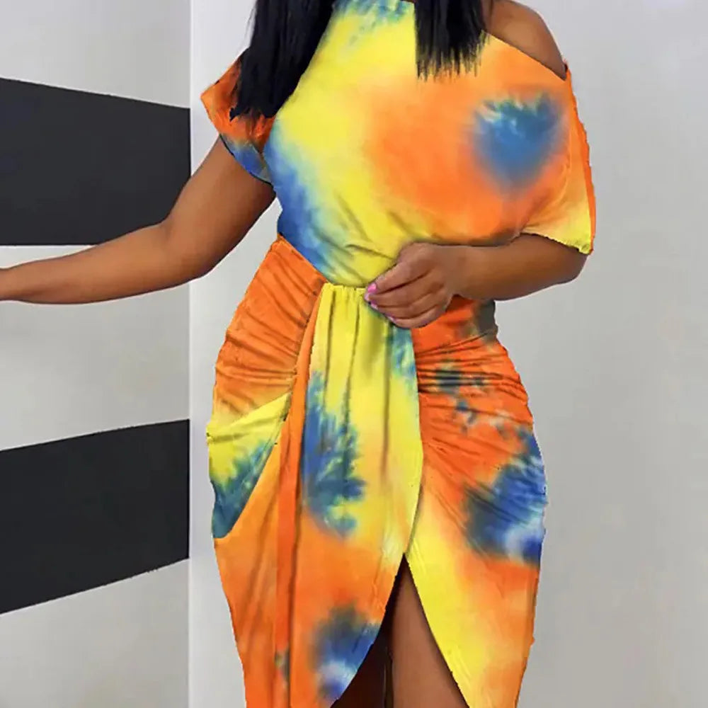 Striped/Tie-Dye Ruched Short Sleeve Oblique Shoulder Irregular Midi Wrap Dress