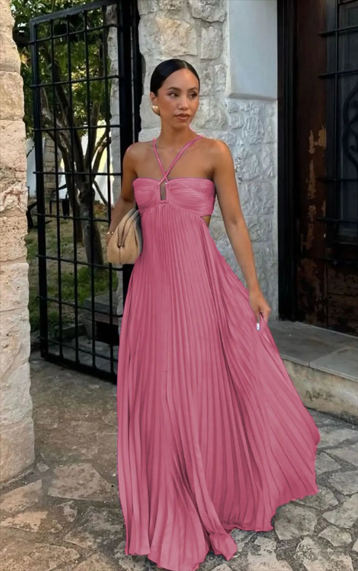 Pleated Halter Spaghetti Strap Backless Sleeveless Beach Maxi Dress