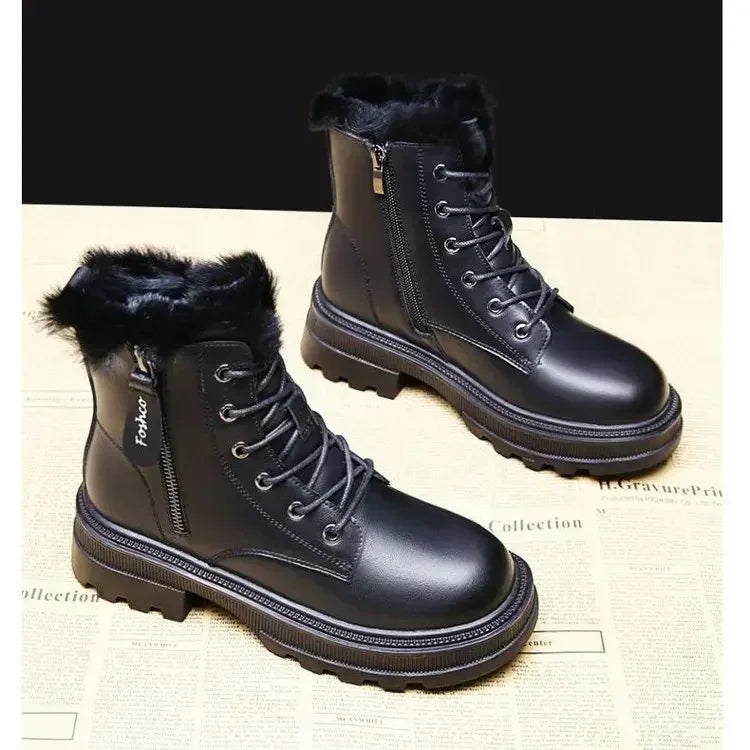 Solid Color Waterproof Plush Women's Zipper Ankle Snowboots