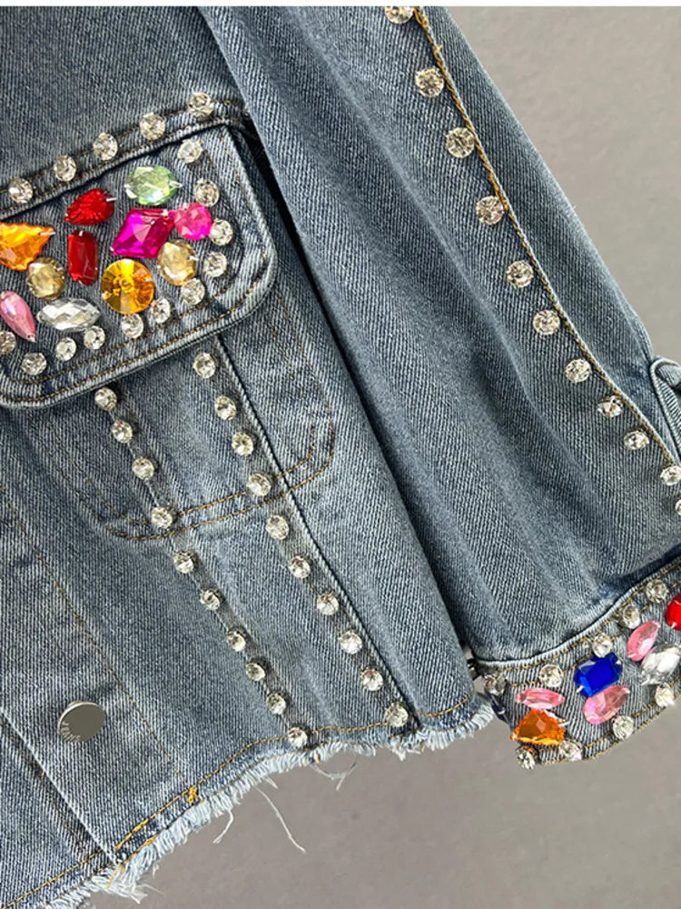 Tassel Embellished Crystal Rhinestone Rivet Diamond Denim Streetwear Jacket