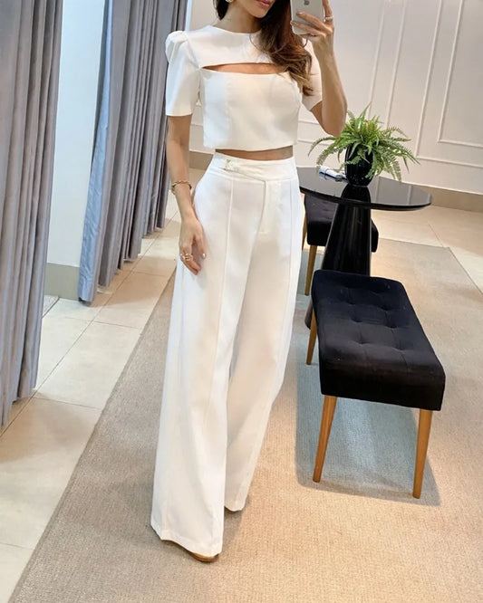 White Solid Puff Sleeve Cutout Top & Wide Leg High Waist Pants 2-Piece Set