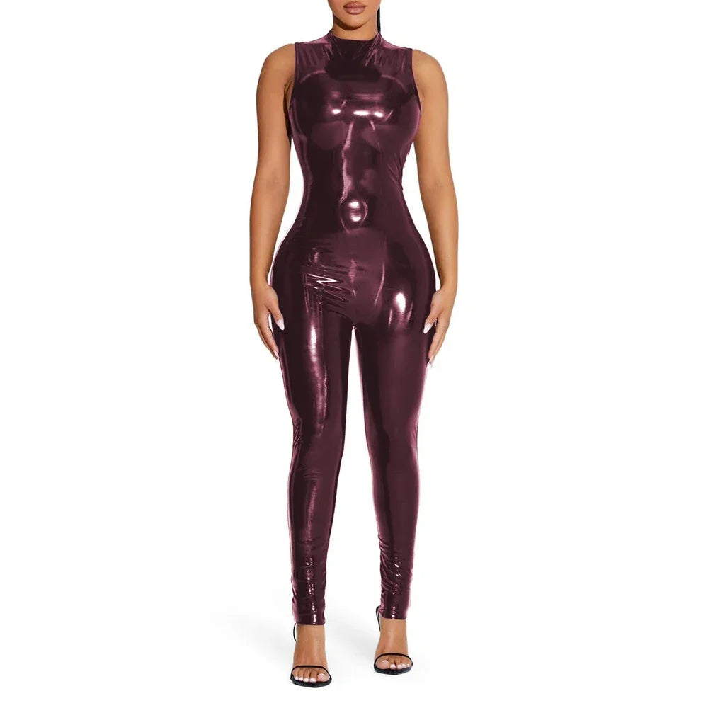 Shiny Solid Color Sleeveless PVC PU Leather Women's Pants Jumpsuit