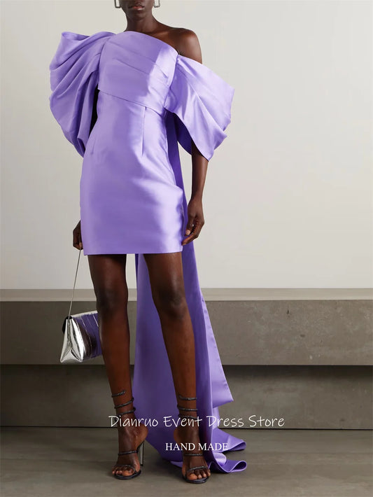 Satin Asymmetrical One Shoulder Puff Sleeve Maxi Train Design Pleated Formal Mini Party/Prom Dress to 24 Plus Size - All Custom Colors Available!