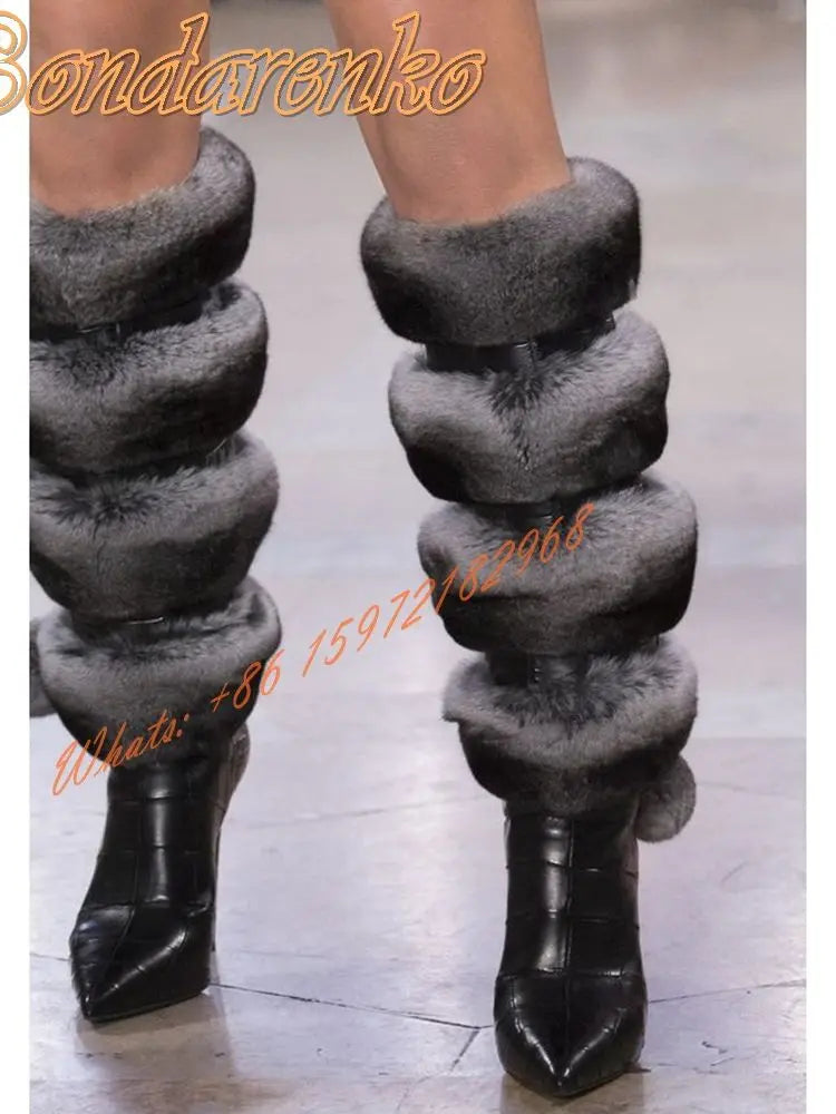 Cut-Out Women's Faux Fur Leather Pointed Toe Back Zipper Thin High Heel Knee High Runway Boots