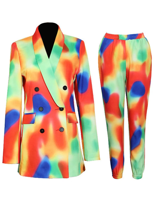 Tie-Dye Notched Collar Double Breasted Long Sleeve Blazer + Harem Pants Women's Suit