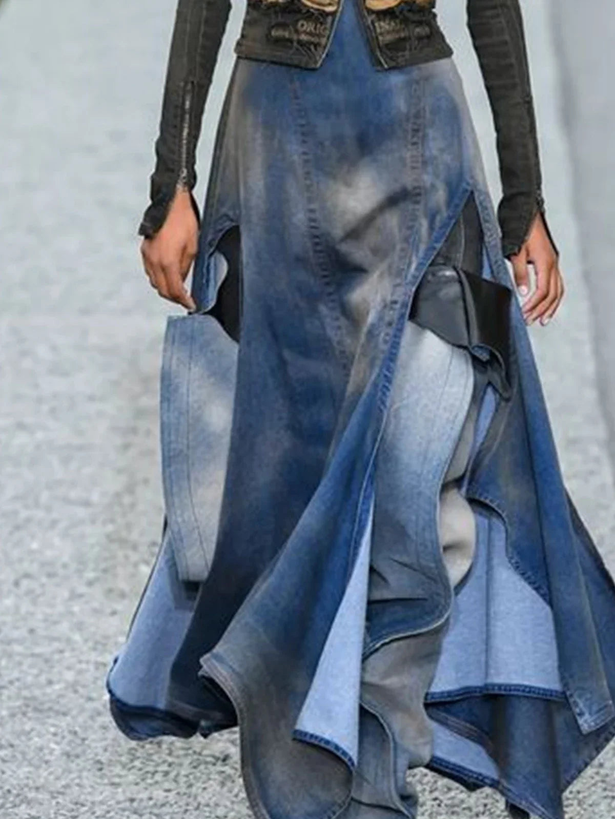 Denim Washed Colorblock Irregular High Waist Patchwork High Slit Maxi Jean Skirt to 3X Plus Size