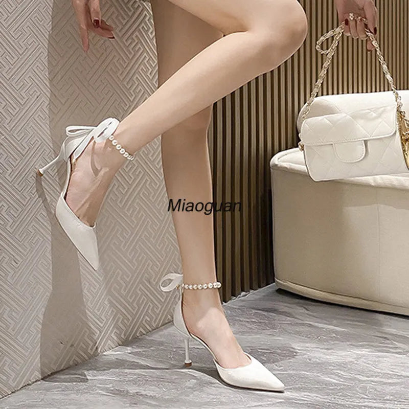 Silk Stiletto Pearl Ankle Bow Strap Bridal Wedding Pumps