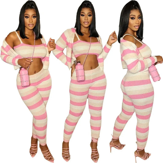 Striped Zipper Hoodie Sweatshirt, Crop Tank Top + Matching Leggings 3-Piece Set