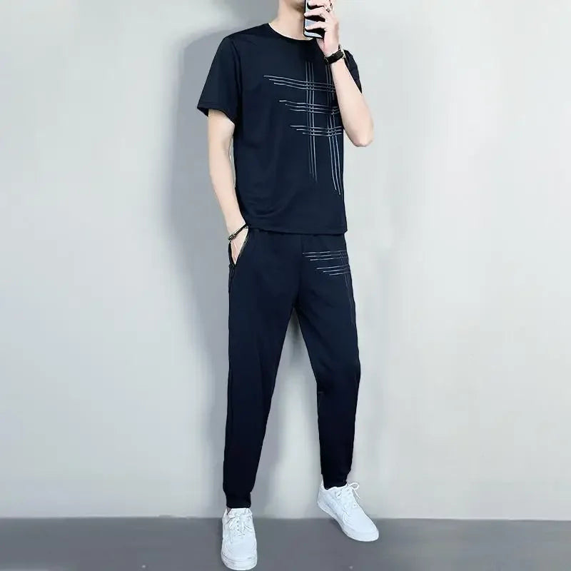 Solid Geometric Pattern Short Sleeve T-Shirt + Elastic Waist Pants Sets