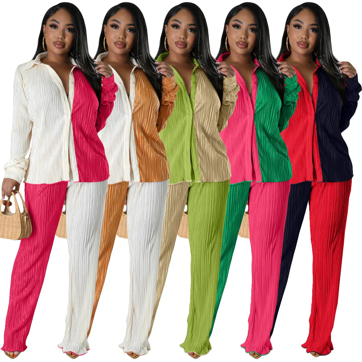 Colorblock Pleated Women's Oversized Blouse + Wide Leg Pants 2-Piece Set