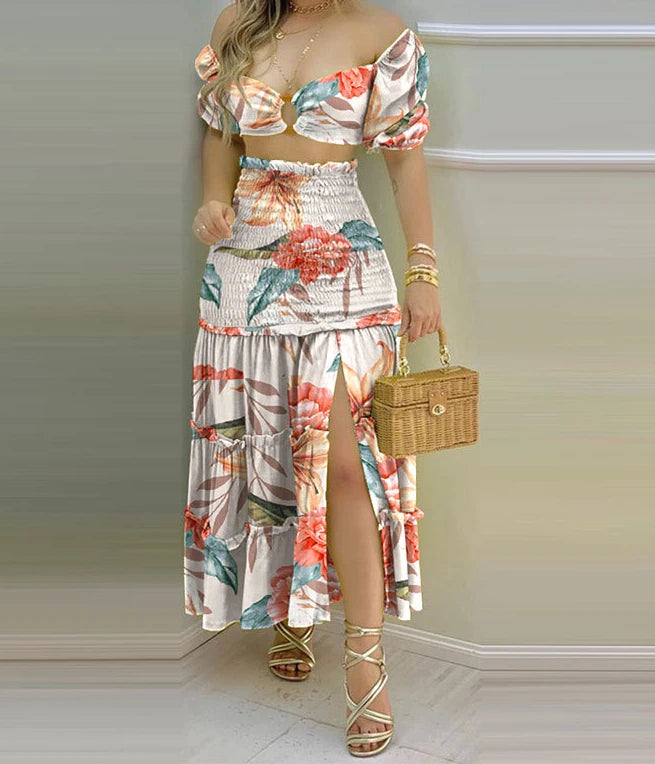 Floral/Solid Print Bandage Short Sleeve O-Neck Crop Top + Flared High Slit Maxi Skirt 2-Piece Set