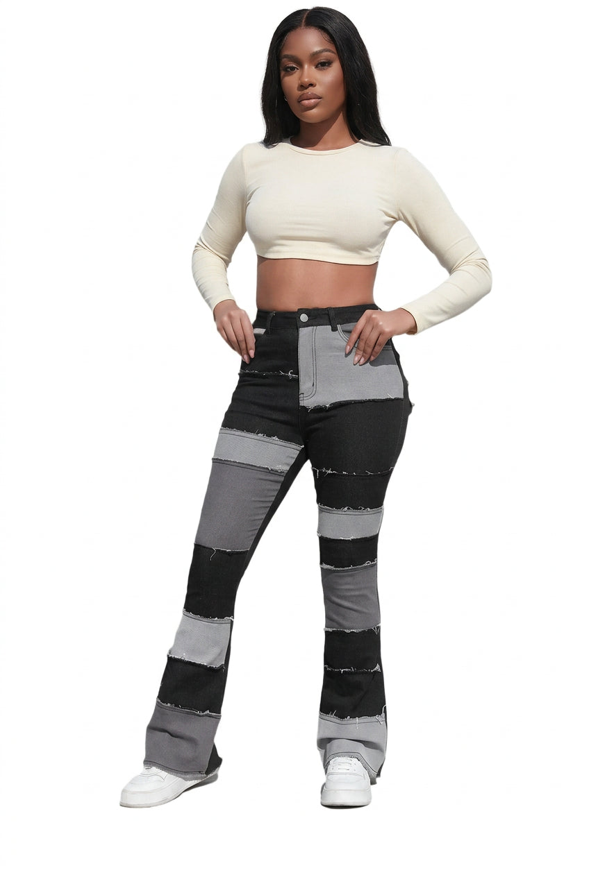 Denim Colorblock Checker Print Washed Women's Ankle Length Flared Bootcut Jeans to 3X Plus Size