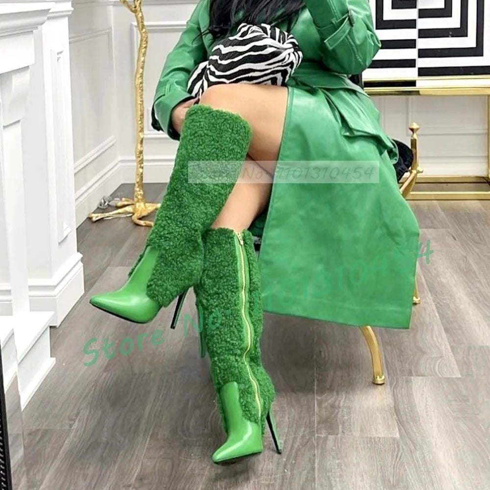 Green Wool Leather Spliced Women's Pointed Toe Stiletto Heel Side Zipper Knee-High Boots