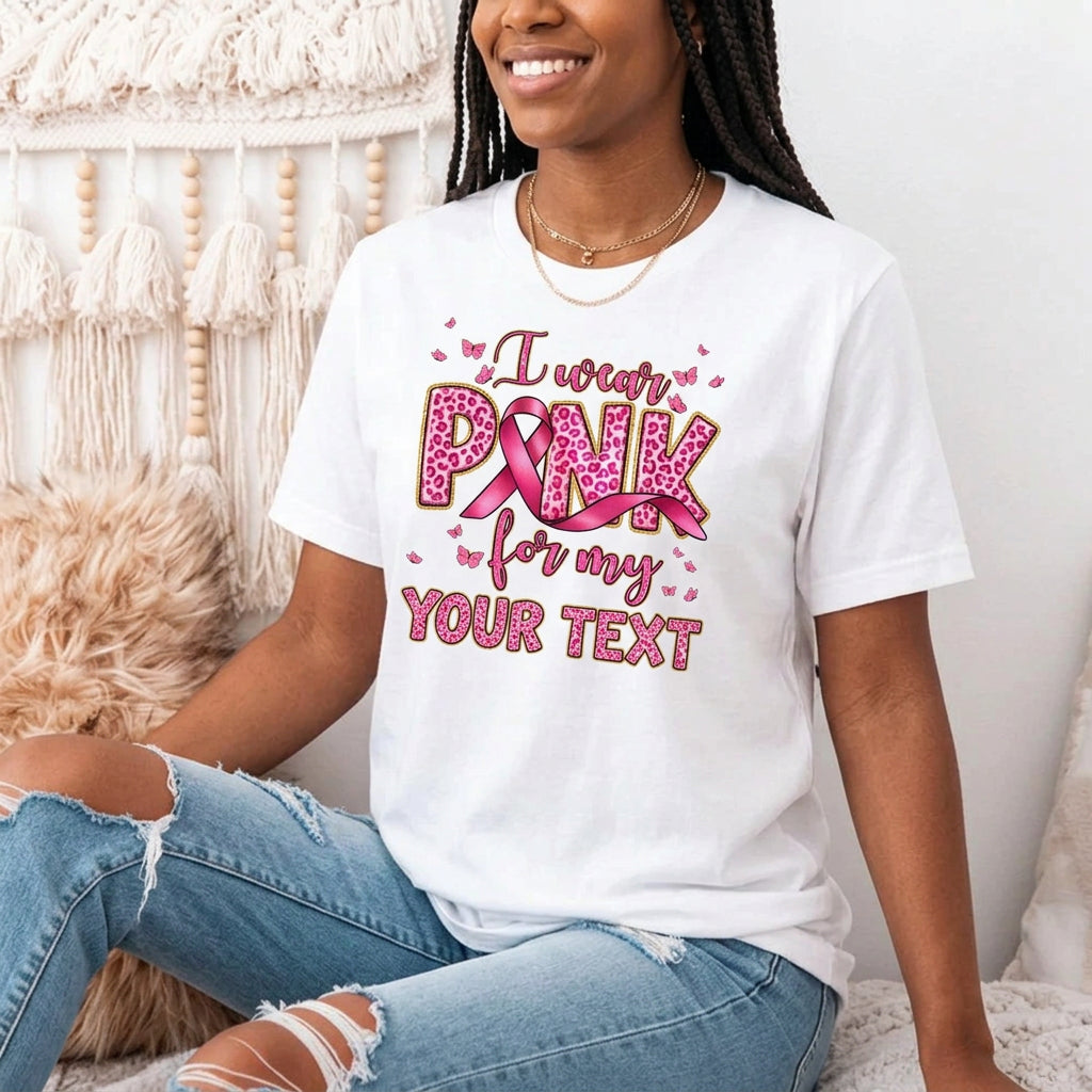 Customized Name "I Wear Pink For My Mom" Short Sleeve Women's Personalized Ribbon 3D Print Breast Cancer Awareness T-Shirt to 3X Plus Size