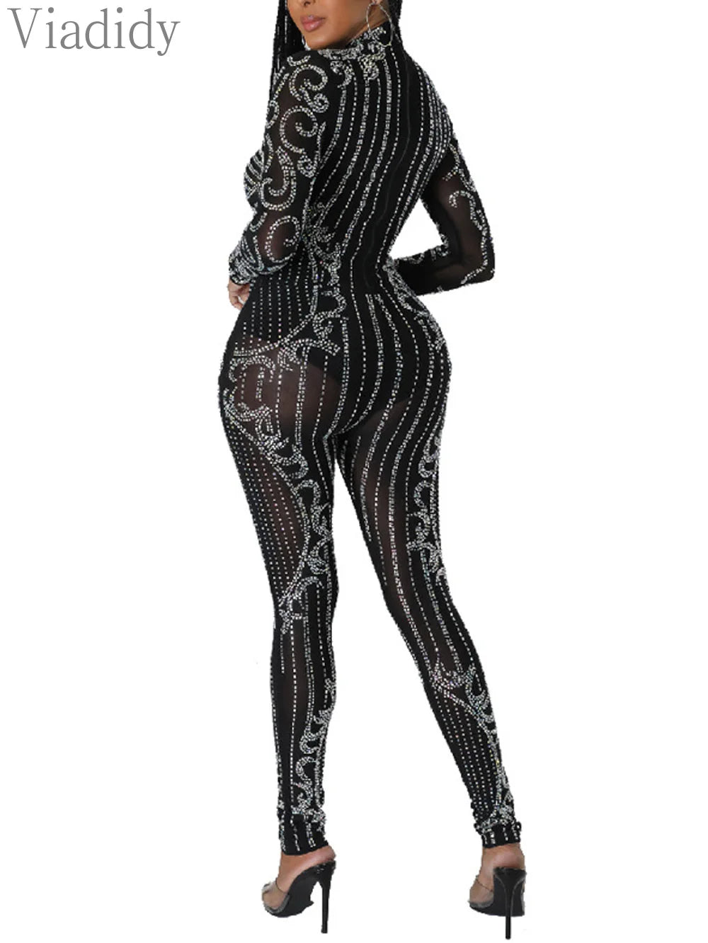 Sheer Mesh Rhinestone Long Sleeve Skinny Jumpsuit